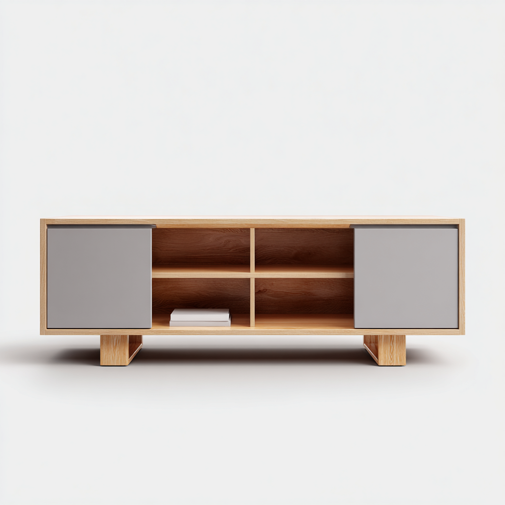 Mobile TV in legno MDF 150x40x50 cm - Legno chiaro-Grigio - Design moderno con ante laterali e quattro vani aperti-Designene