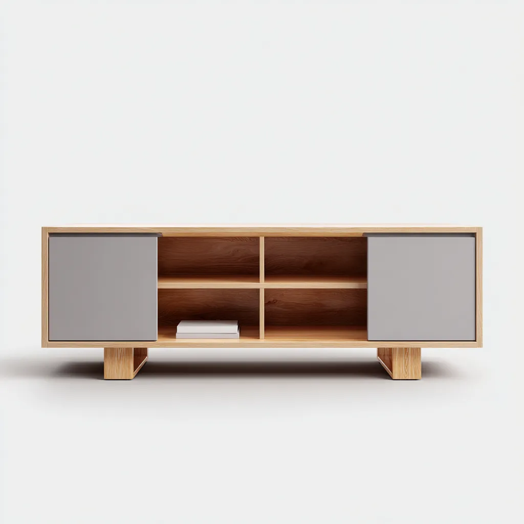 Mobile TV in legno MDF 150x40x50 cm - Legno chiaro-Grigio - Design moderno con ante laterali e quattro vani aperti-Designene