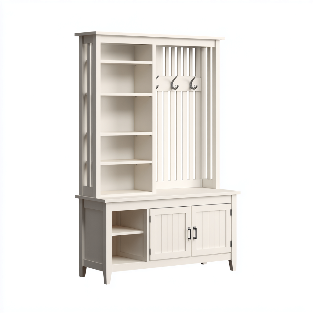 Attaccapanni con scaffali e mobile contenitore 110x40x185 cm - bianco - design classico - con panca e spazio portaoggetti-Designene