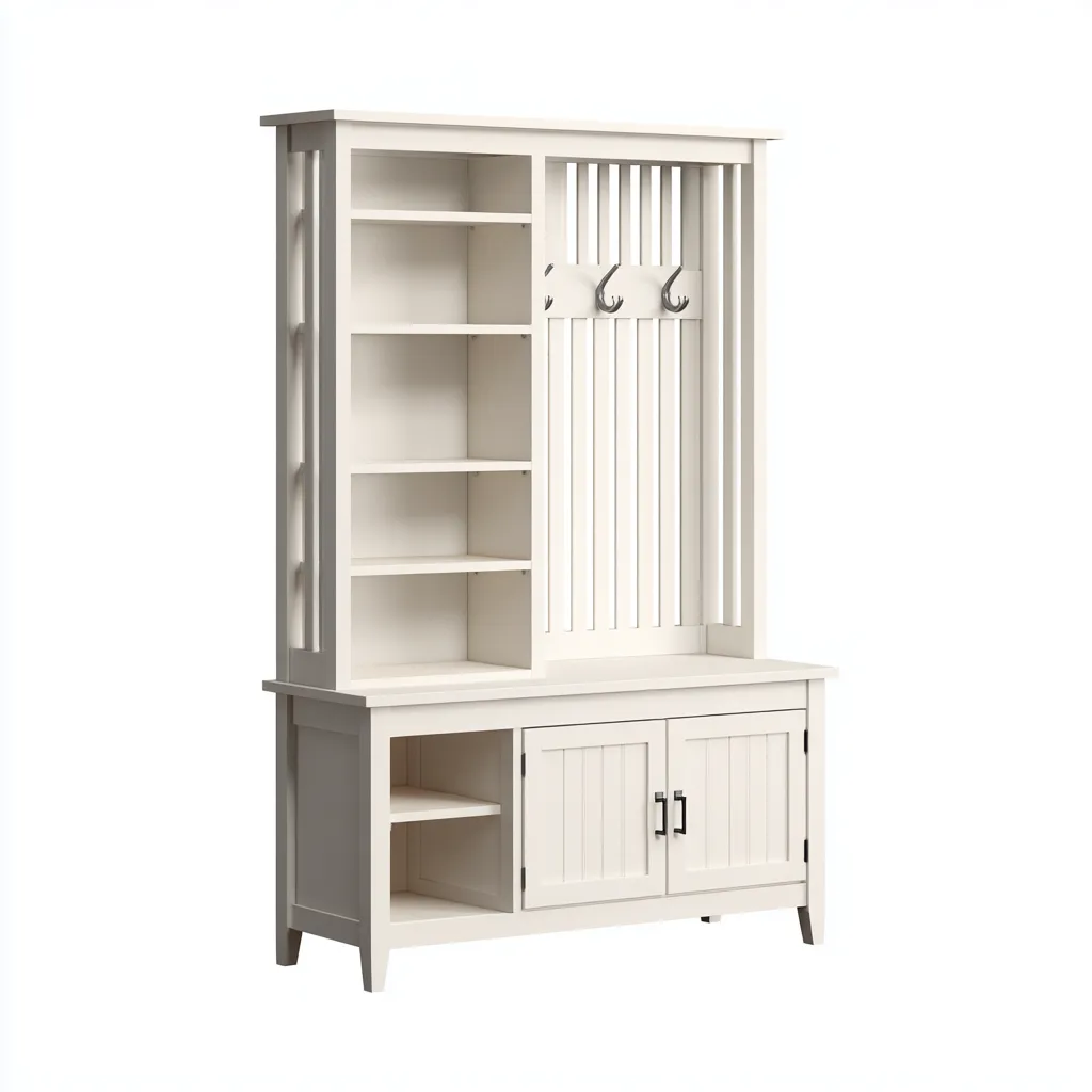 Attaccapanni con scaffali e mobile contenitore 110x40x185 cm - bianco - design classico - con panca e spazio portaoggetti-Designene