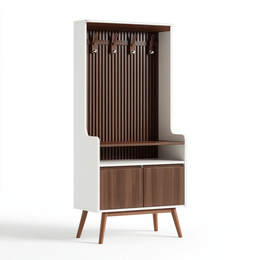 Attaccapanni con mobile contenitore in legno 90x40x180 cm - bianco e noce - design moderno - con ripiano aperto e ante inferiori-Designene