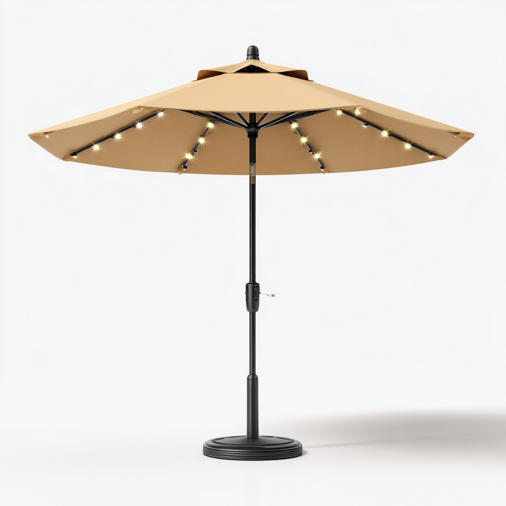 Ombrellone da giardino in poliestere 300x250 cm - beige - con luci LED solari - struttura in alluminio e base stabile-Designene