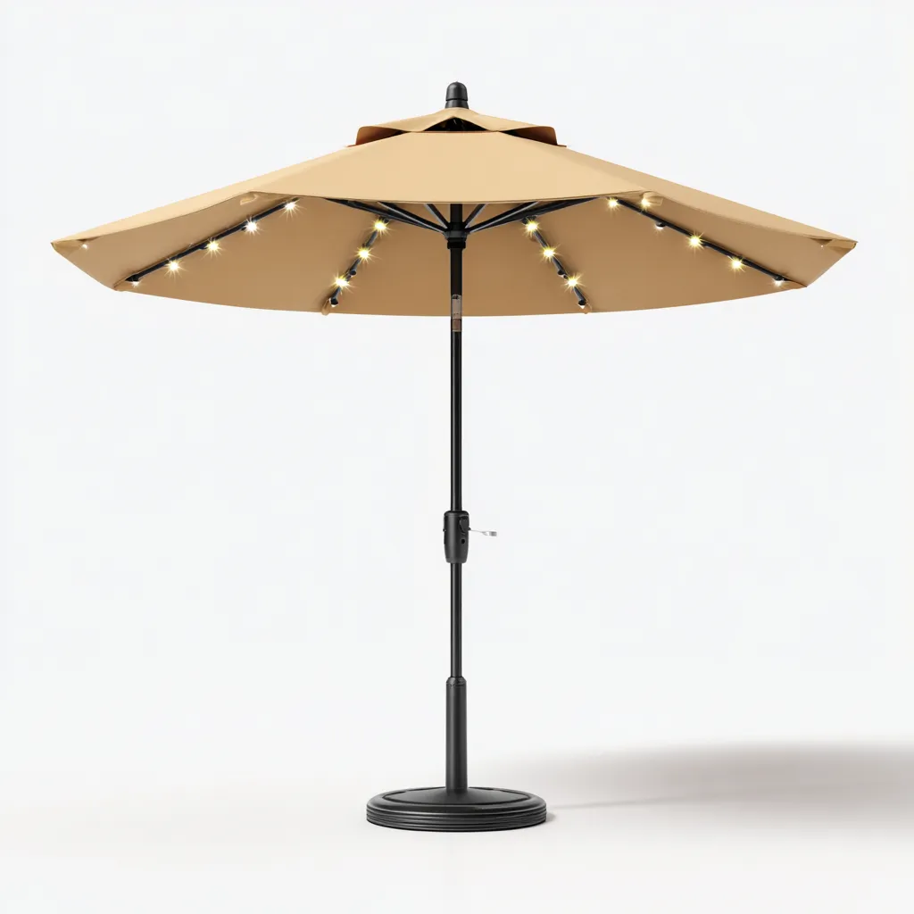 Ombrellone da giardino in poliestere 300x250 cm - beige - con luci LED solari - struttura in alluminio e base stabile-Designene