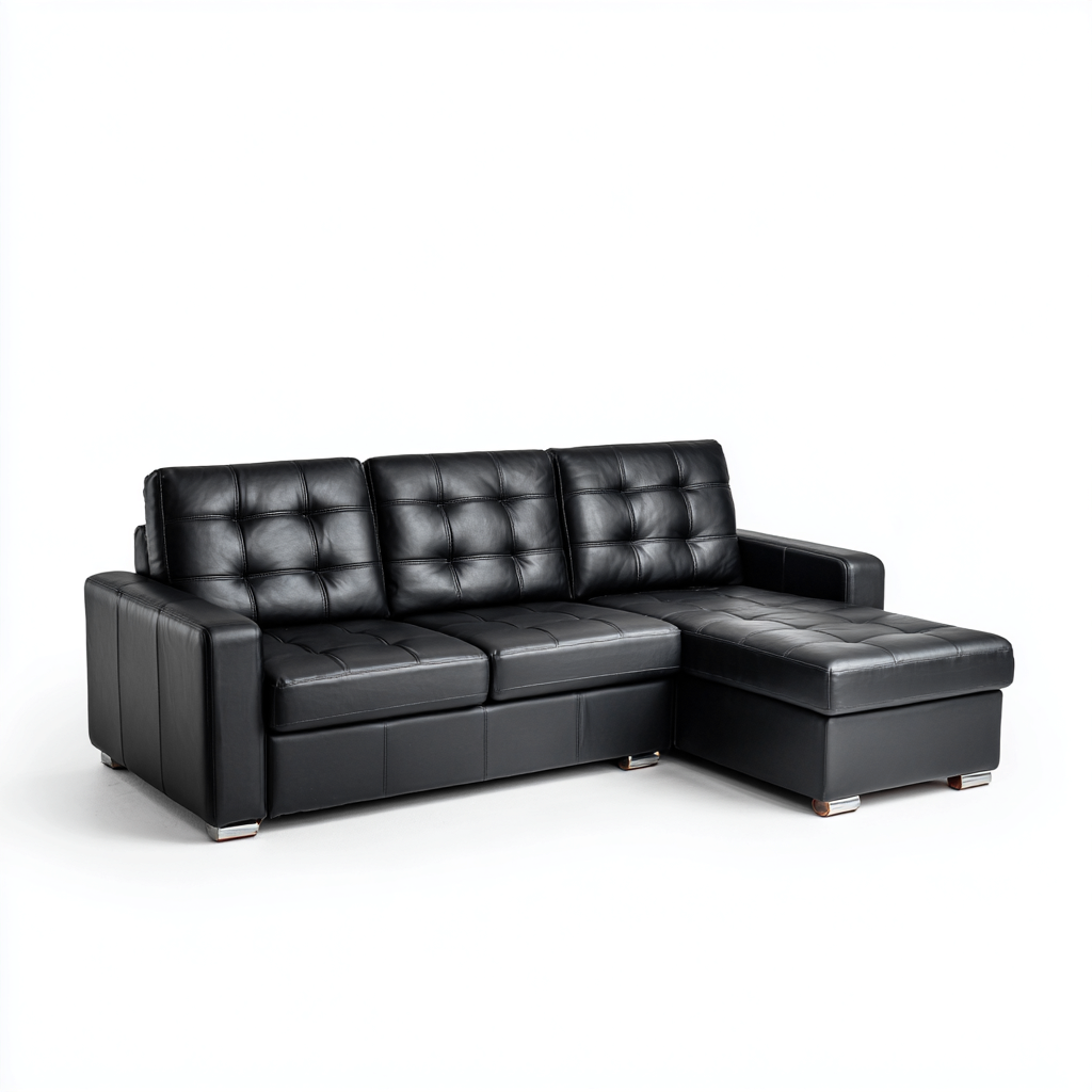 Divano angolare in pelle 230x150x88 cm - nero - design moderno con cuciture trapuntate e chaise longue-Designene