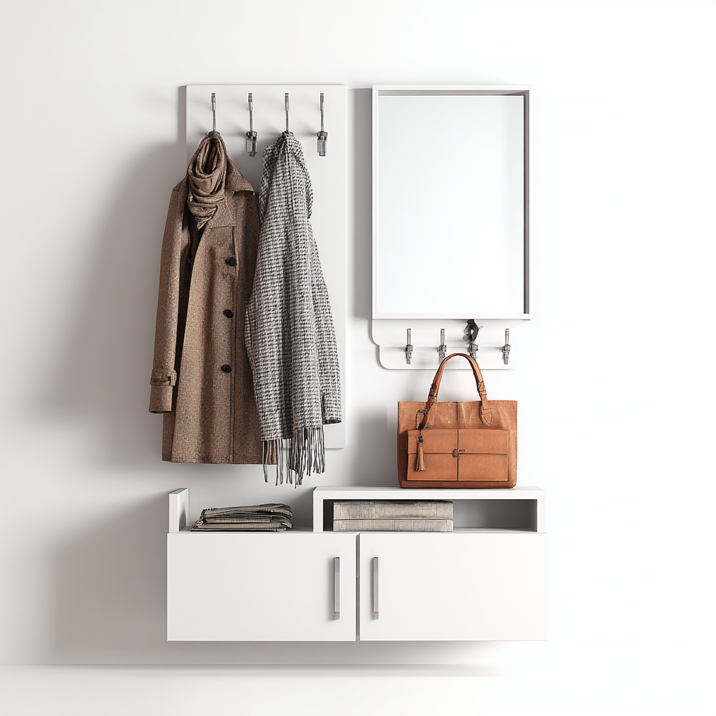 Attaccapanni da parete con specchio e mobile contenitore 90x25x160 cm - bianco - design moderno - salvaspazio per ingresso-Designene