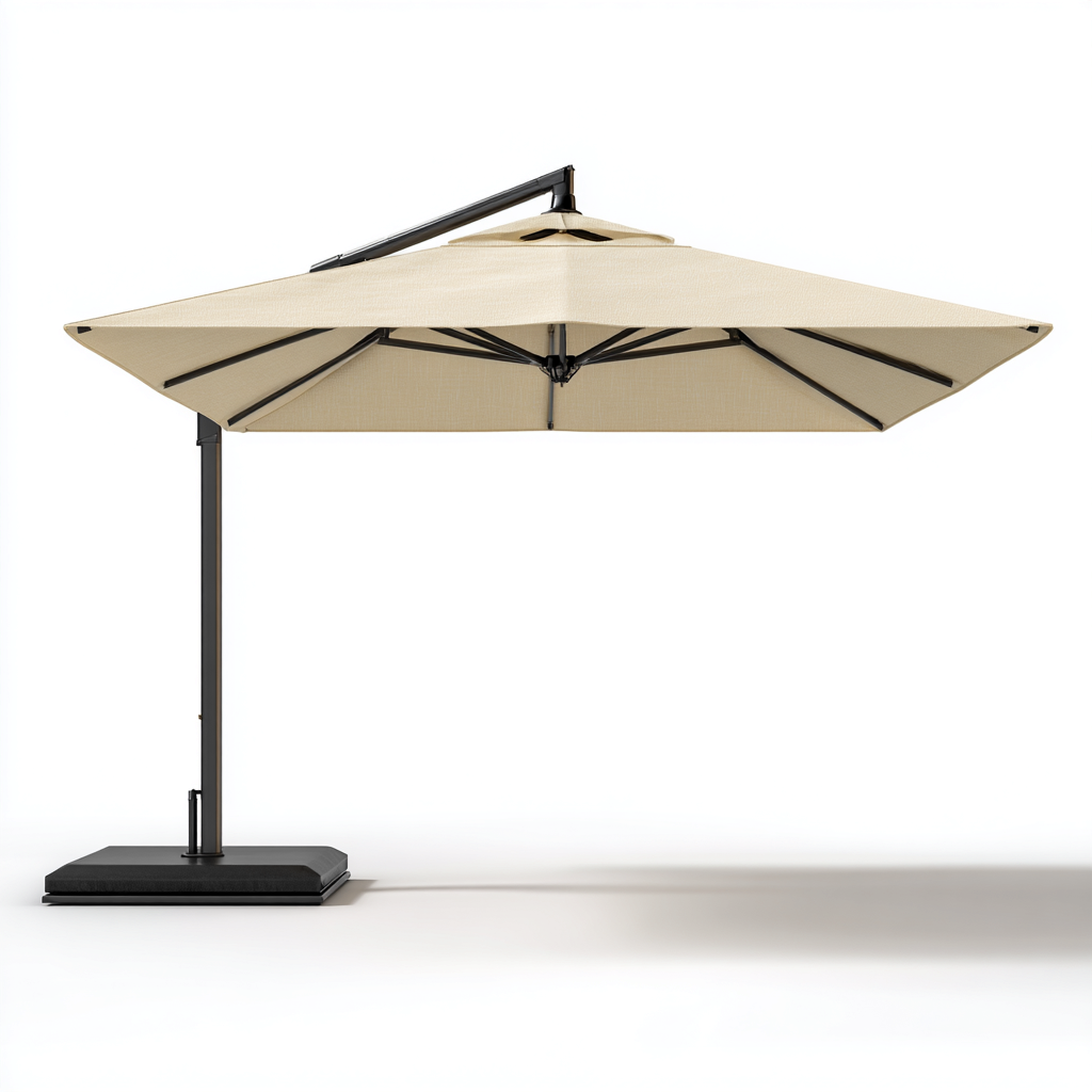 Ombrellone da giardino in poliestere 300x300x260 cm - beige-nero - design quadrato decentrato con struttura in acciaio e base stabile-Designene