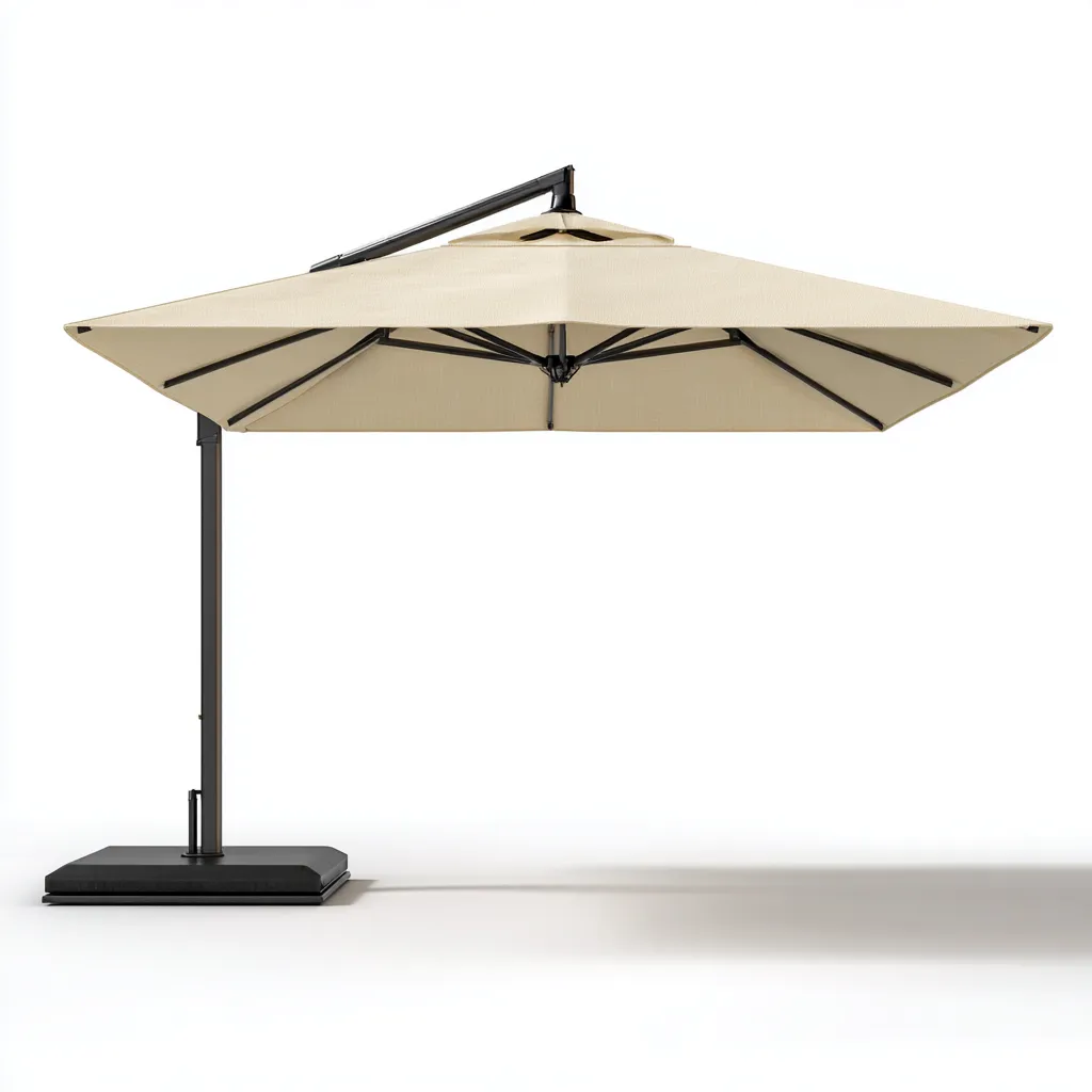 Ombrellone da giardino in poliestere 300x300x260 cm - beige-nero - design quadrato decentrato con struttura in acciaio e base stabile-Designene