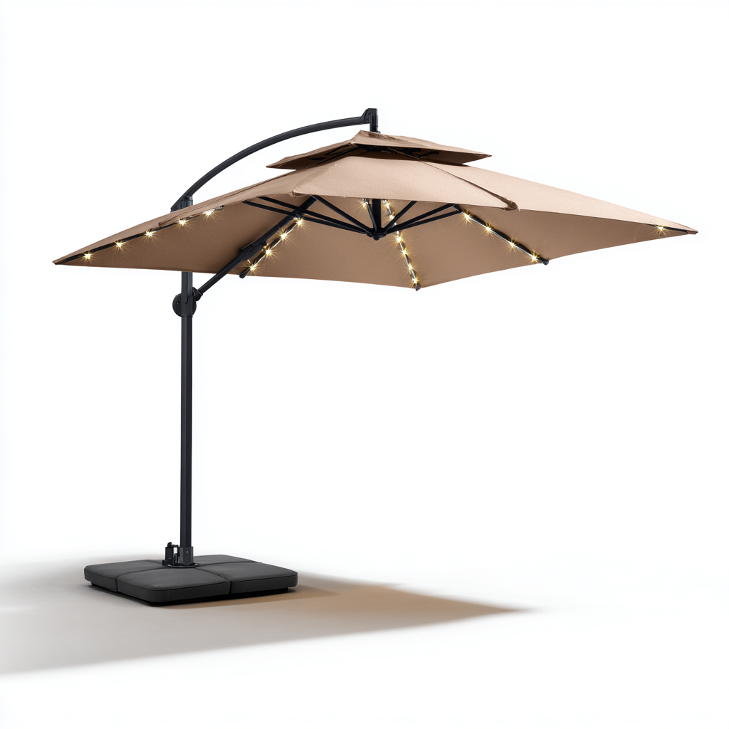 Ombrellone da giardino con luci LED in poliestere 300x300x260 cm - beige-nero - ombrellone quadrato decentrato con doppio tetto, illuminazione solare e base in acciaio-Designene