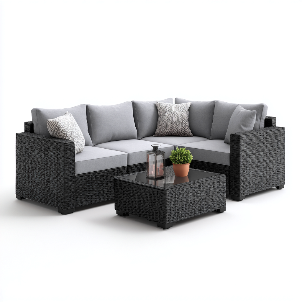 Divano da esterno angolare in rattan sintetico con cuscini in tessuto 200x140x70 cm - nero-grigio - stile moderno per giardino e terrazza-Designene
