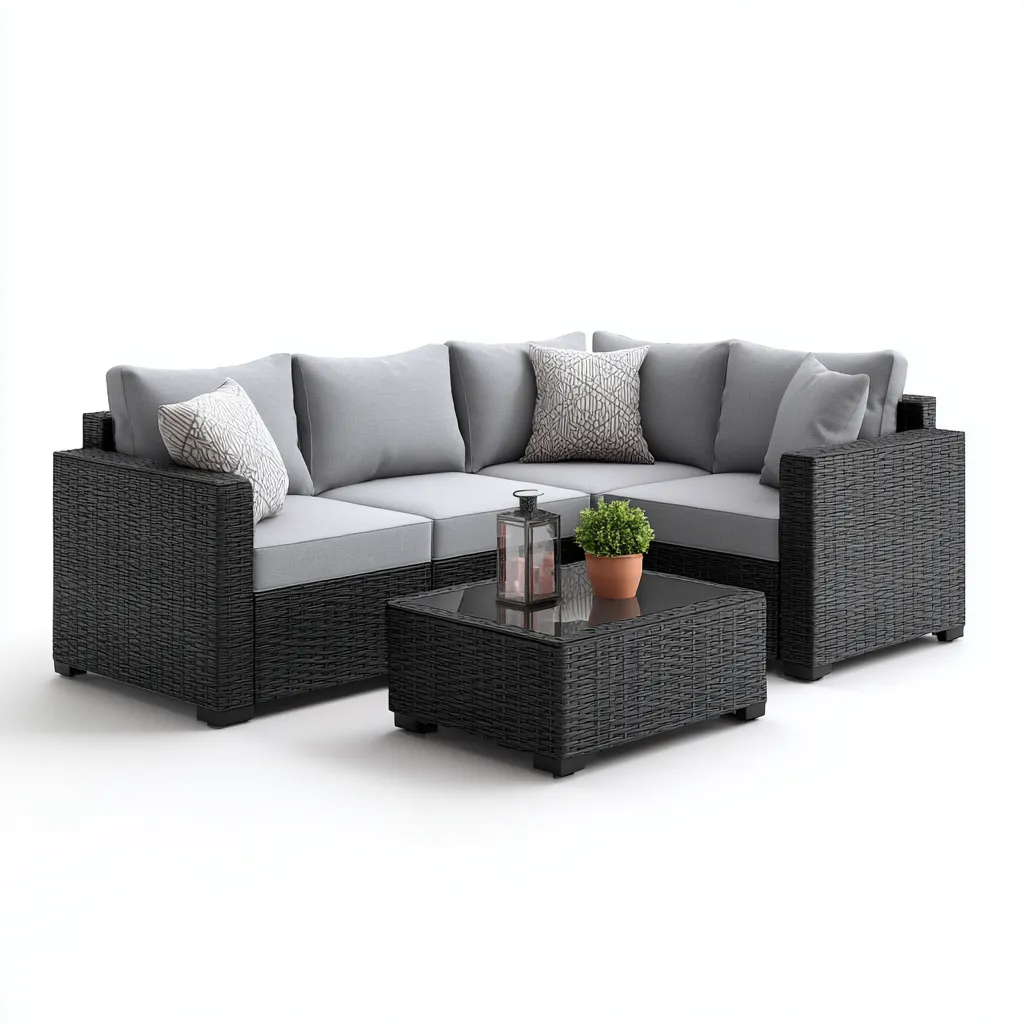 Divano da esterno angolare in rattan sintetico con cuscini in tessuto 200x140x70 cm - nero-grigio - stile moderno per giardino e terrazza-Designene
