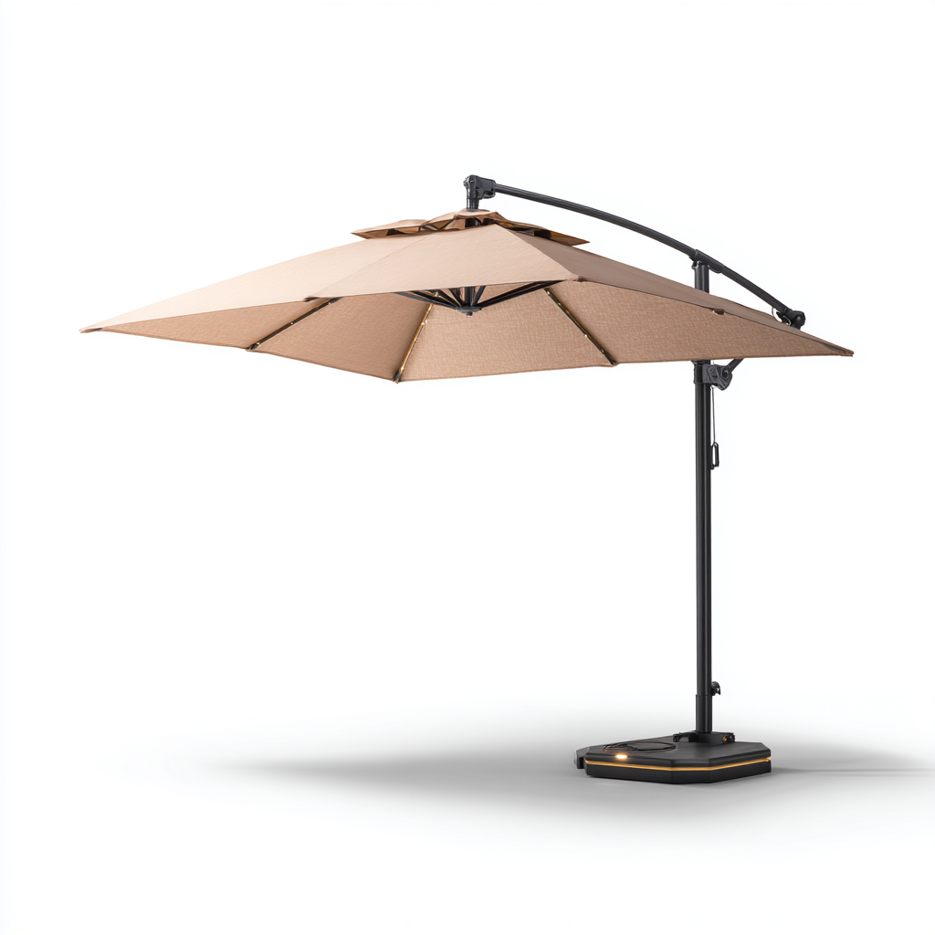 Ombrellone da giardino con base luminosa e doppio tetto in poliestere 300x300x260 cm - beige-nero - ombrellone quadrato decentrato con struttura in acciaio e illuminazione LED-Designene