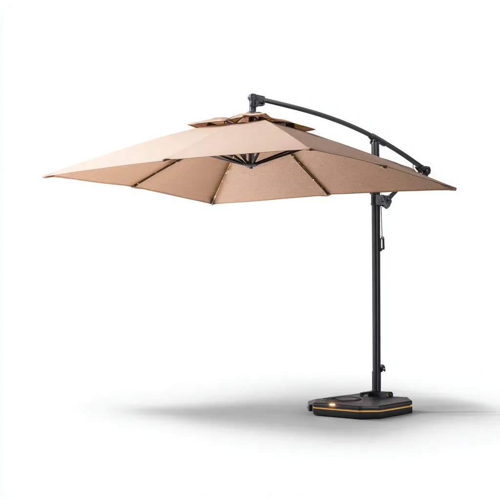 Ombrellone da giardino con base luminosa e doppio tetto in poliestere 300x300x260 cm - beige-nero - ombrellone quadrato decentrato con struttura in acciaio e illuminazione LED-Designene