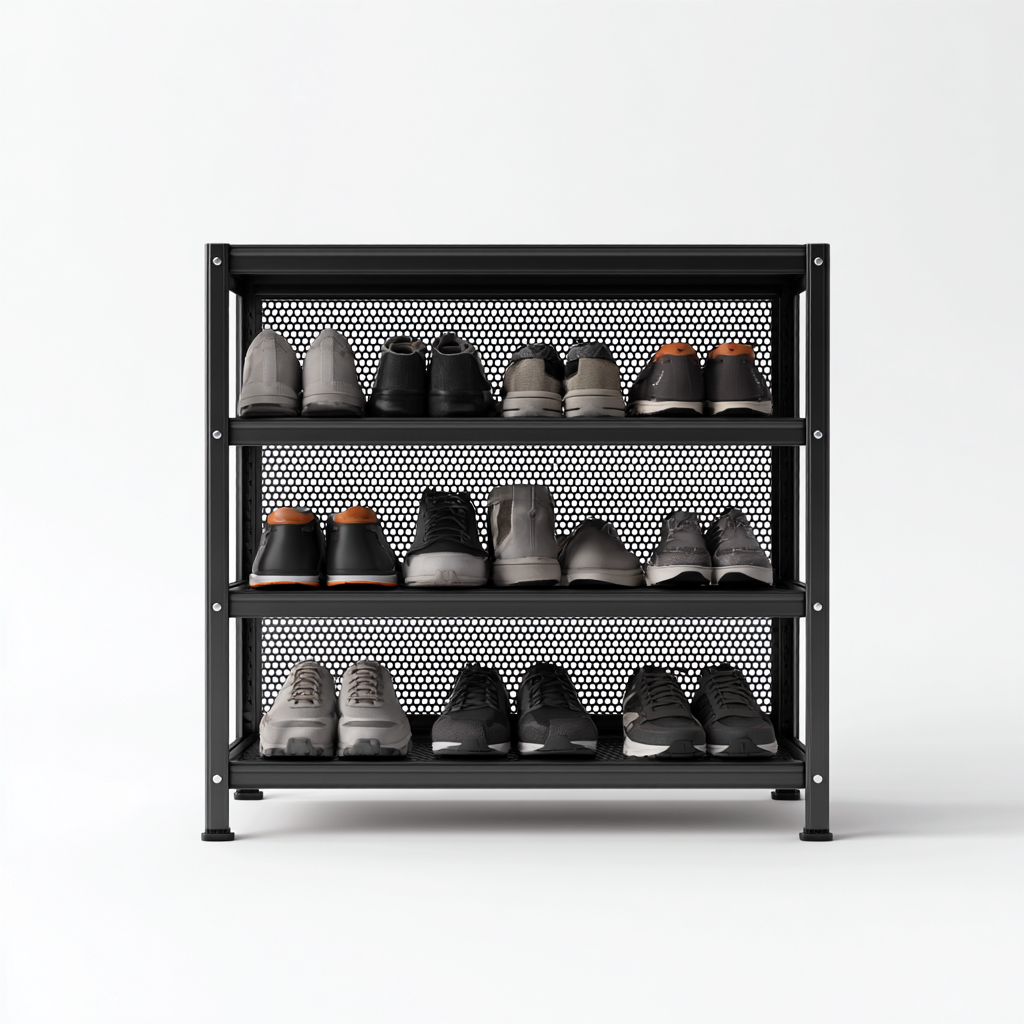 Scarpiera in metallo a 3 ripiani 75x30x80 cm - nera - design industriale ventilato-Designene