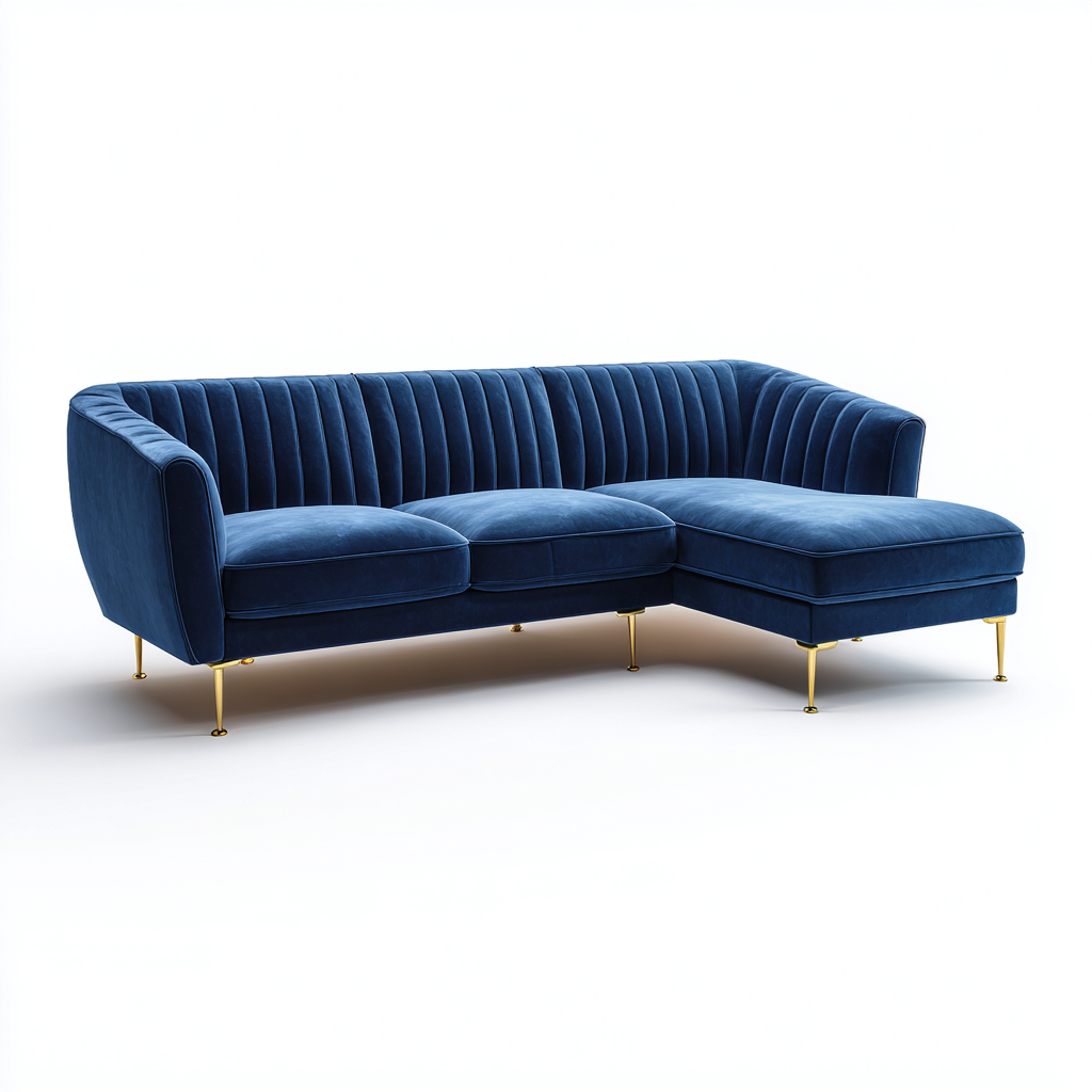 Divano angolare in velluto 255x160x85 cm - blu - design moderno con chaise longue e schienale trapuntato a canali verticali-Designene
