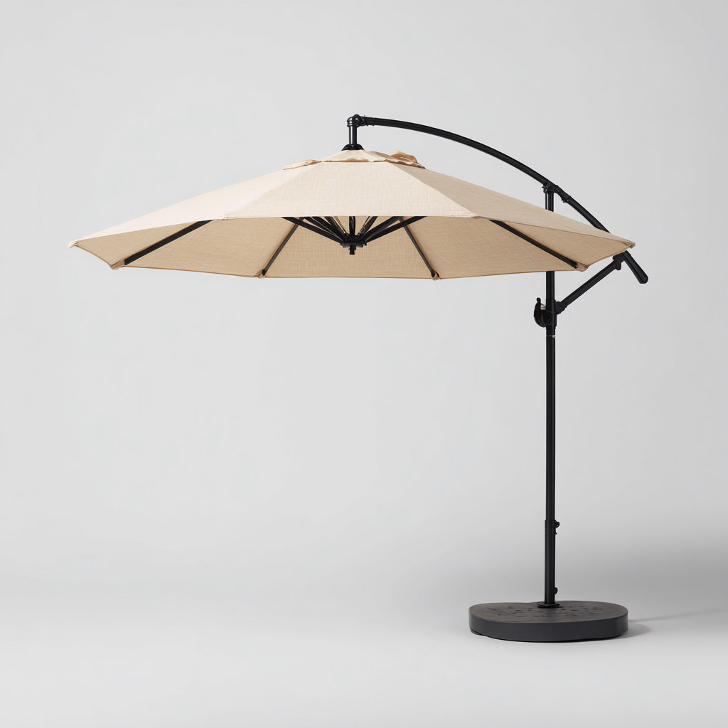 Ombrellone da giardino in poliestere 300x300x270 cm - beige-nero - design rotondo decentrato con palo in acciaio curvo e base circolare stabile-Designene