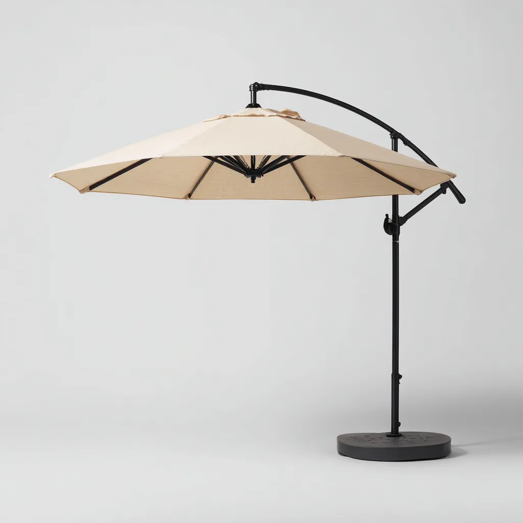 Ombrellone da giardino in poliestere 300x300x270 cm - beige-nero - design rotondo decentrato con palo in acciaio curvo e base circolare stabile-Designene