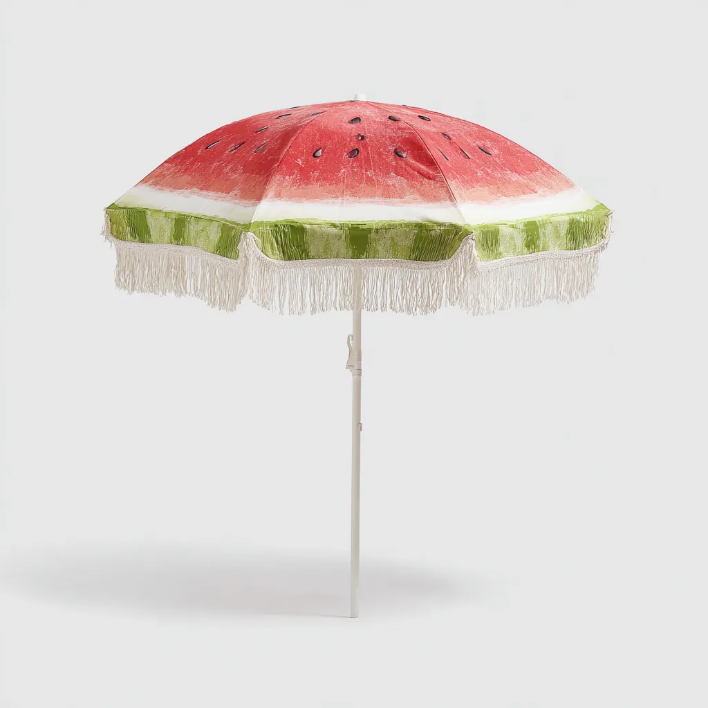 Ombrellone da spiaggia in poliestere 200x200x220 cm - rosso-verde-bianco - design rotondo con fantasia anguria e struttura in alluminio-Designene