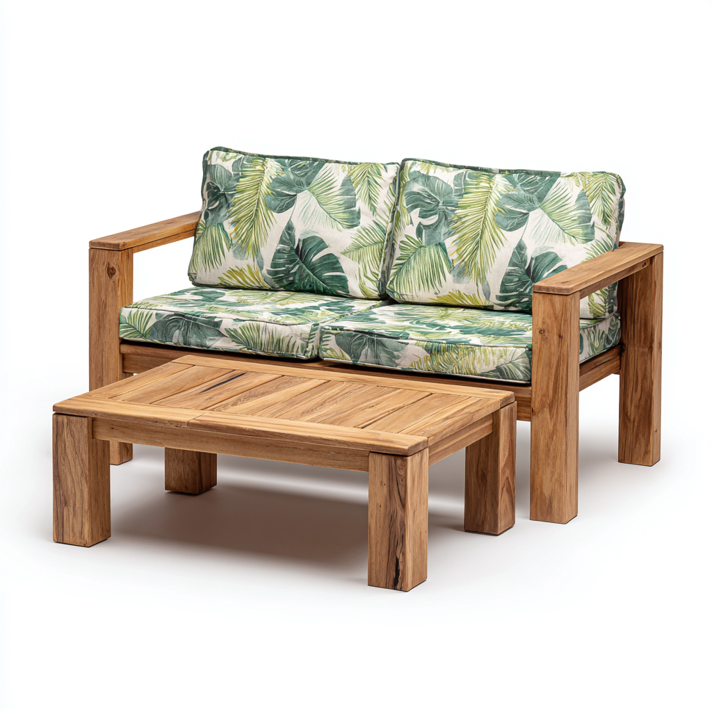 Divano da esterno a due posti in legno con cuscini in tessuto 120x75x85 cm - legno naturale-beige-verde - stile tropicale per giardino e terrazza-Designene