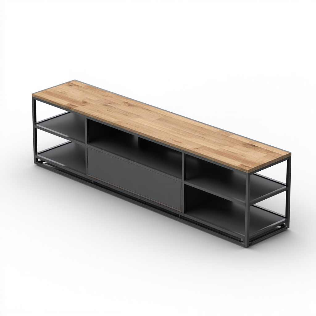 Mobile TV in legno e metallo 180x40x45 cm - Legno chiaro-Nero - Design industriale con vani aperti e cassetto centrale-Designene