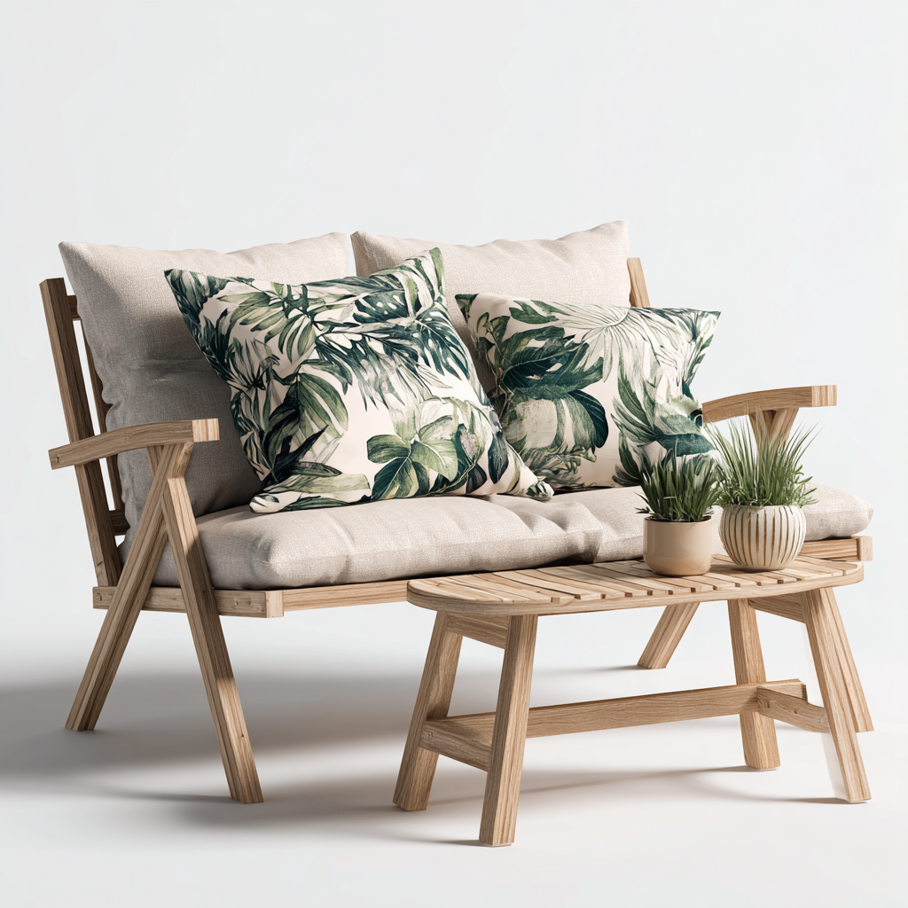 Divano da esterno a due posti in legno con cuscini in tessuto 115x70x85 cm - legno naturale-beige-verde - stile tropicale per giardino e terrazza-Designene