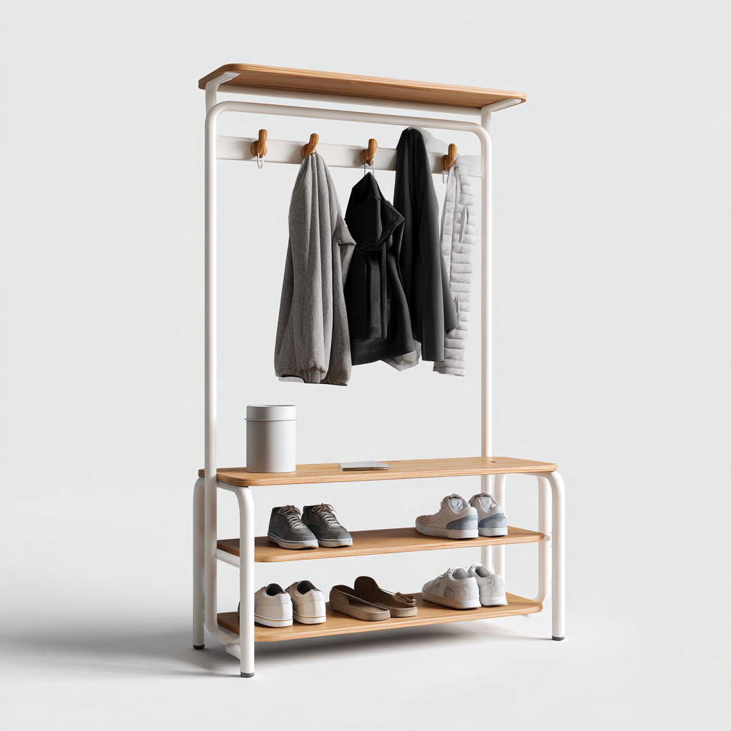 Attaccapanni con panca e mensola in metallo e legno 100x35x175 cm - bianco e legno chiaro - design moderno - con due ripiani porta scarpe e piano superiore-Designene