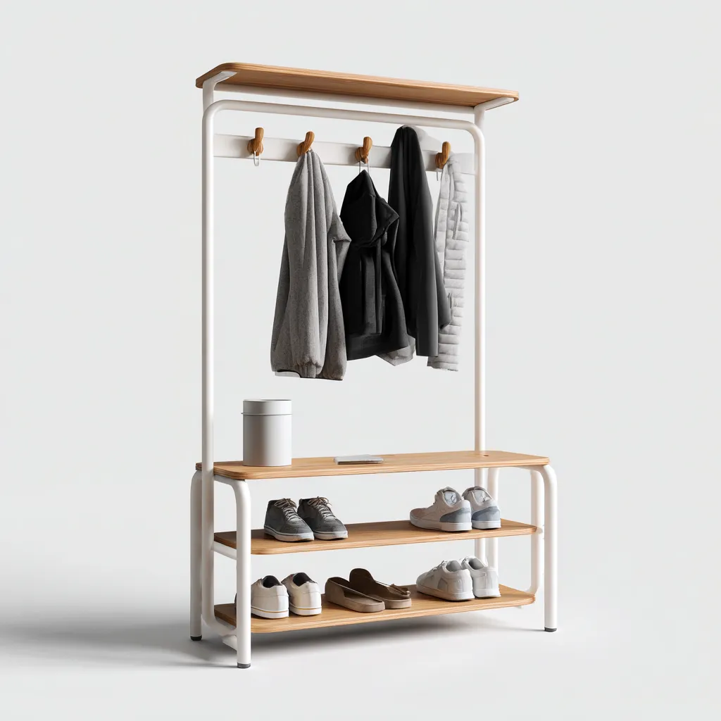 Attaccapanni con panca e mensola in metallo e legno 100x35x175 cm - bianco e legno chiaro - design moderno - con due ripiani porta scarpe e piano superiore-Designene