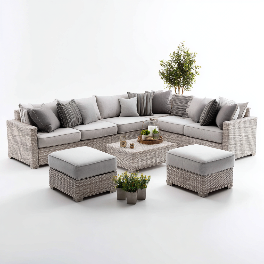 Divano da esterno modulare in rattan sintetico con cuscini in tessuto 270x200x75 cm - grigio-avorio - design moderno e accogliente-Designene