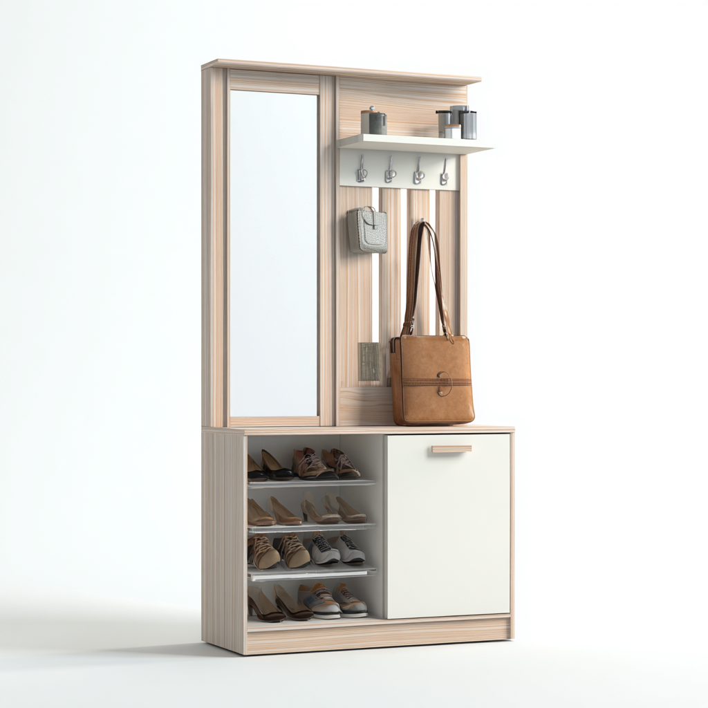 Attaccapanni con scarpiera e specchio 100x35x190 cm - legno chiaro e bianco - design moderno - con ripiani interni e mensola superiore-Designene