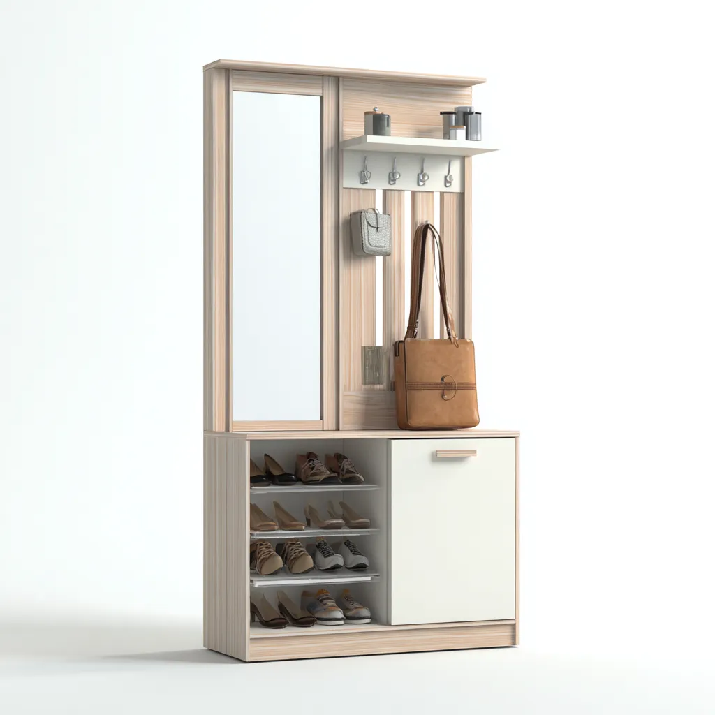 Attaccapanni con scarpiera e specchio 100x35x190 cm - legno chiaro e bianco - design moderno - con ripiani interni e mensola superiore-Designene