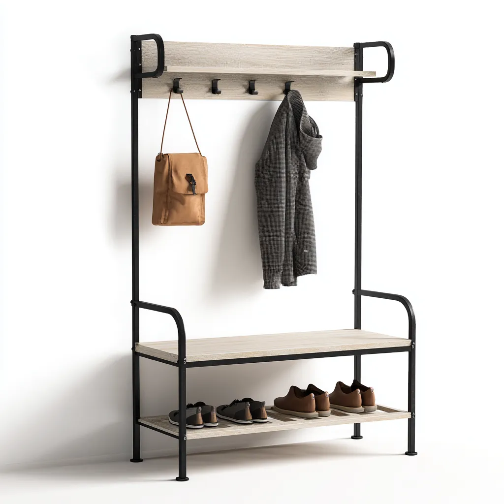 Attaccapanni con panchina in legno e metallo 80x35x180 cm - beige - design industriale - con mensola e ripiano portascarpe-Designene