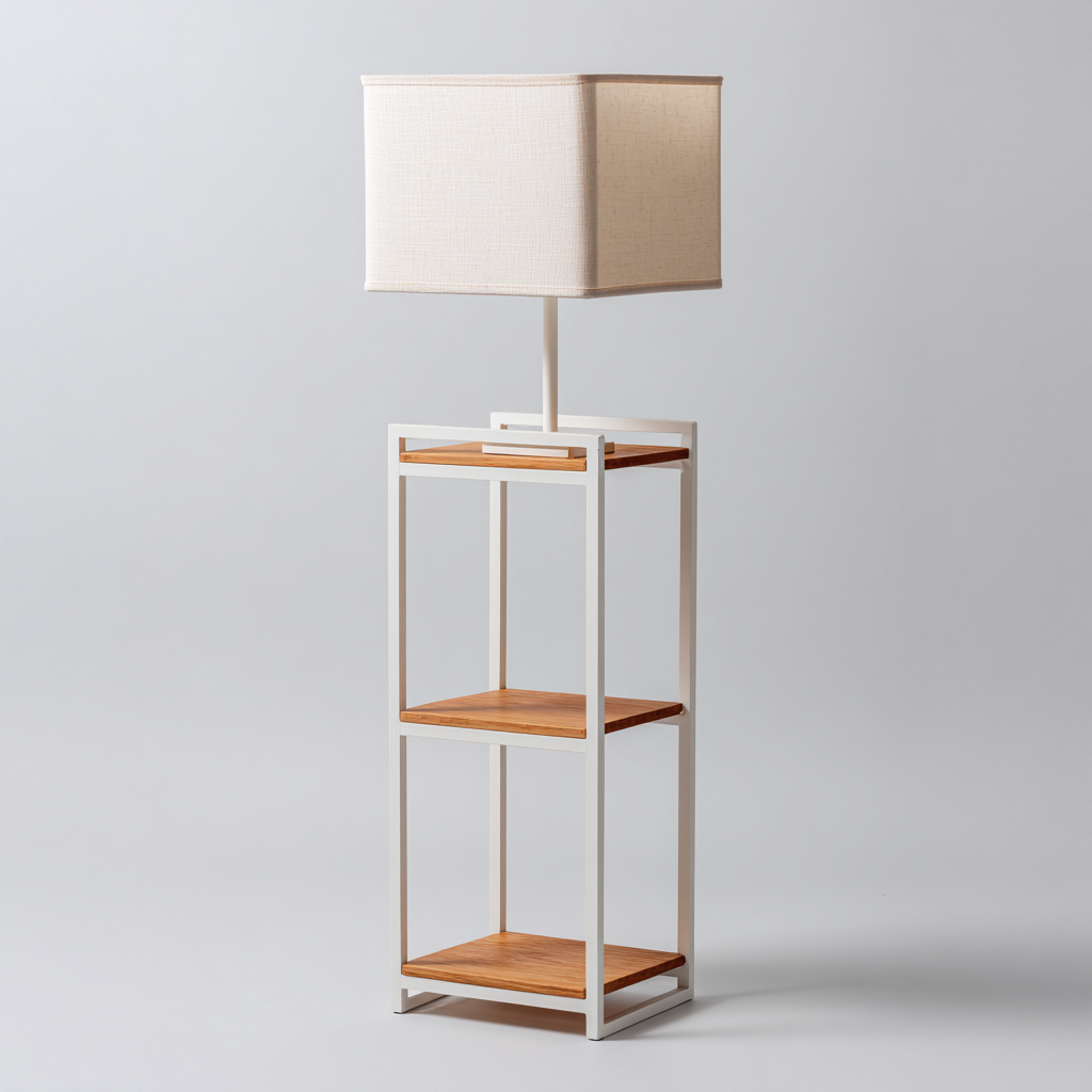 Lampada da terra con ripiani - Metallo e legno - 26x26x158 cm - Bianco-marrone chiaro - Stile moderno-Designene