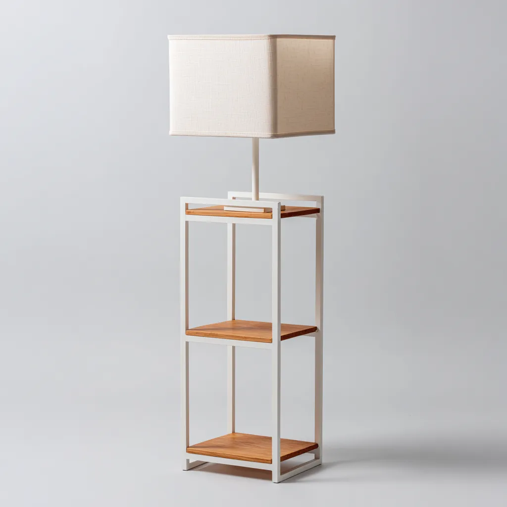 Lampada da terra con ripiani - Metallo e legno - 26x26x158 cm - Bianco-marrone chiaro - Stile moderno-Designene