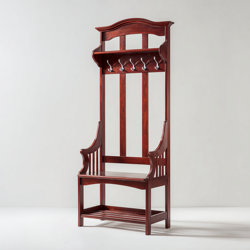 Attaccapanni in legno massello 90x45x190 cm - marrone - design classico - con panca e mensola superiore-Designene