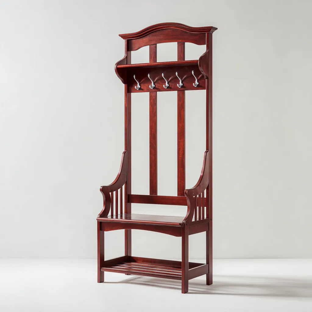 Attaccapanni in legno massello 90x45x190 cm - marrone - design classico - con panca e mensola superiore-Designene