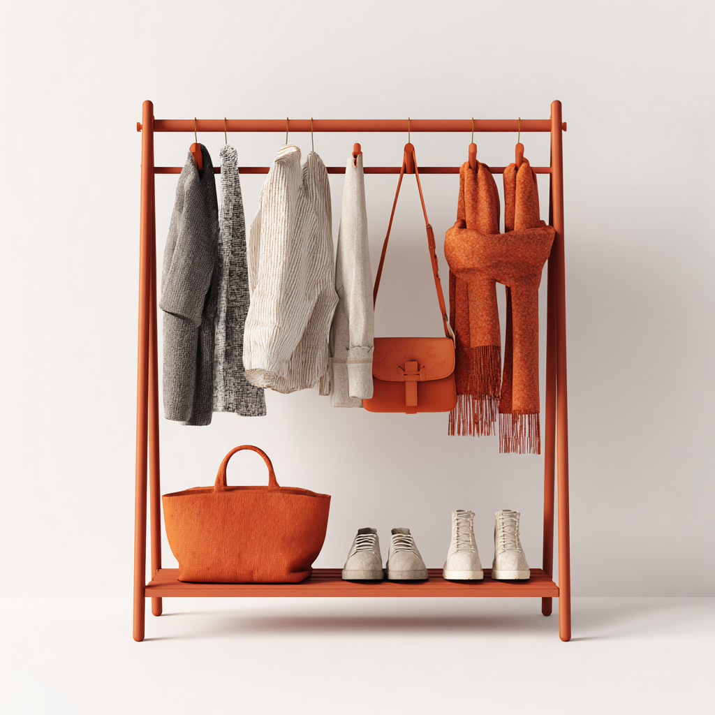 Attaccapanni da terra in metallo 100x40x150 cm - arancione - design moderno - con ripiano inferiore portascarpe-Designene