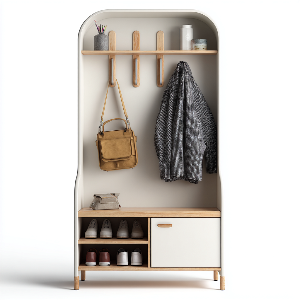 Attaccapanni con panca e mobile contenitore 90x40x180 cm - bianco e legno chiaro - design moderno - con mensola superiore e scomparti porta scarpe-Designene