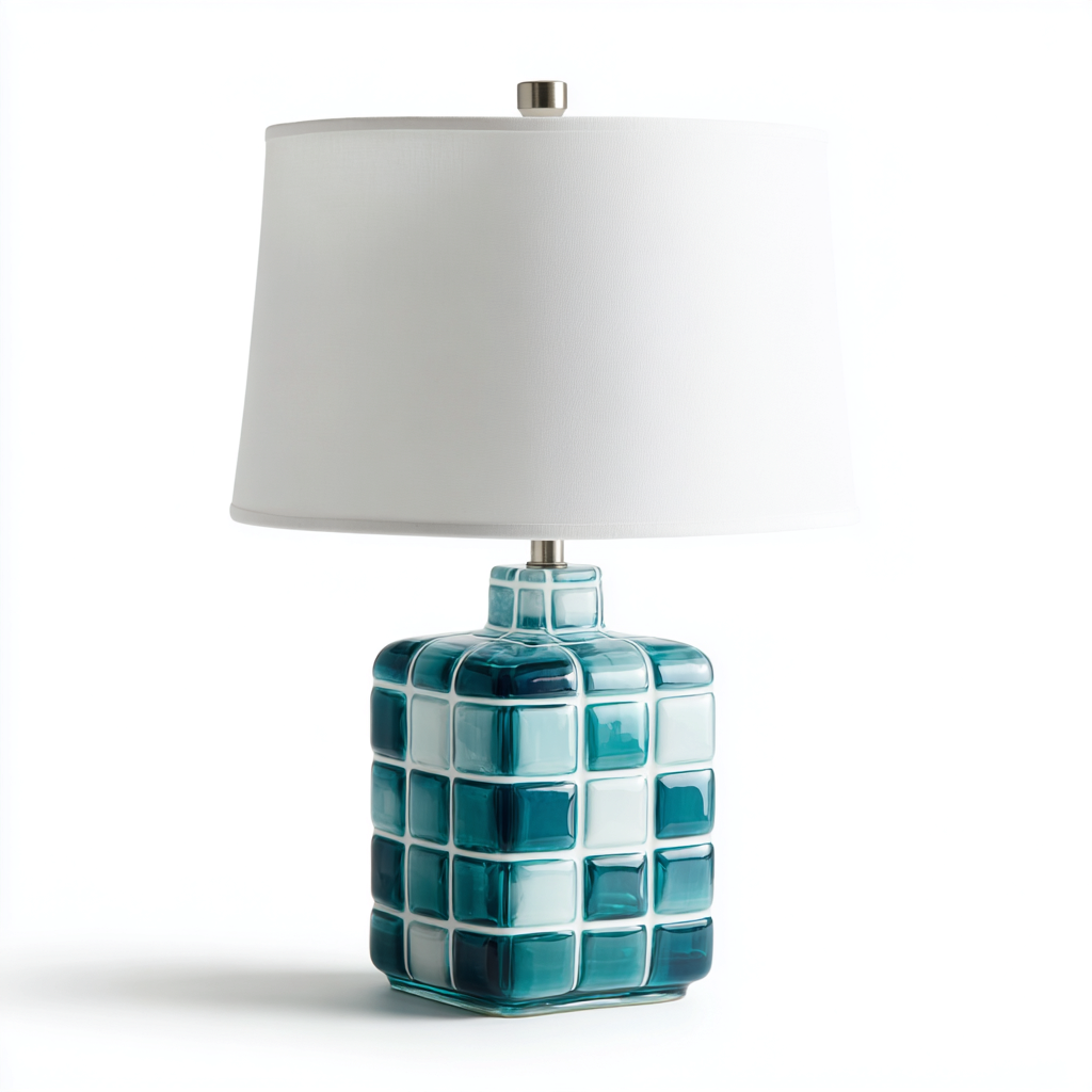 Lampada da tavolo in ceramica 27x27x52 cm - blu e bianco - design moderno - ideale per soggiorno o camera da letto-Designene