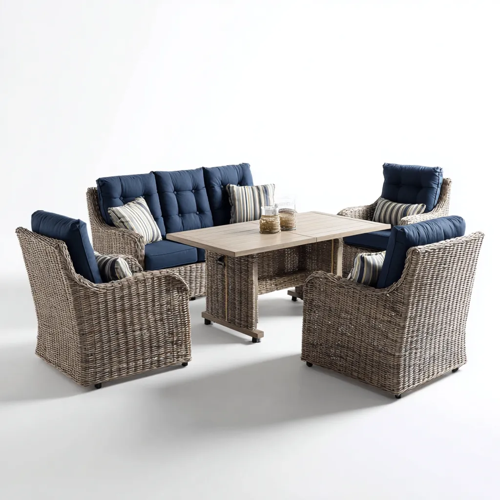 Divano da esterno in rattan sintetico con cuscini in tessuto e tavolo in legno composito 200x150x90 cm - grigio-blu - design elegante per giardino-Designene