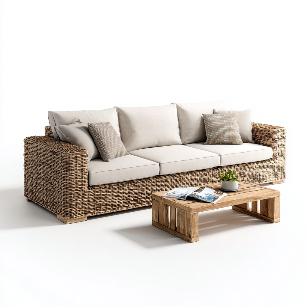 Divano da esterno in rattan con cuscini in tessuto e tavolino in legno 200x85x75 cm - beige-naturale - design moderno e accogliente-Designene