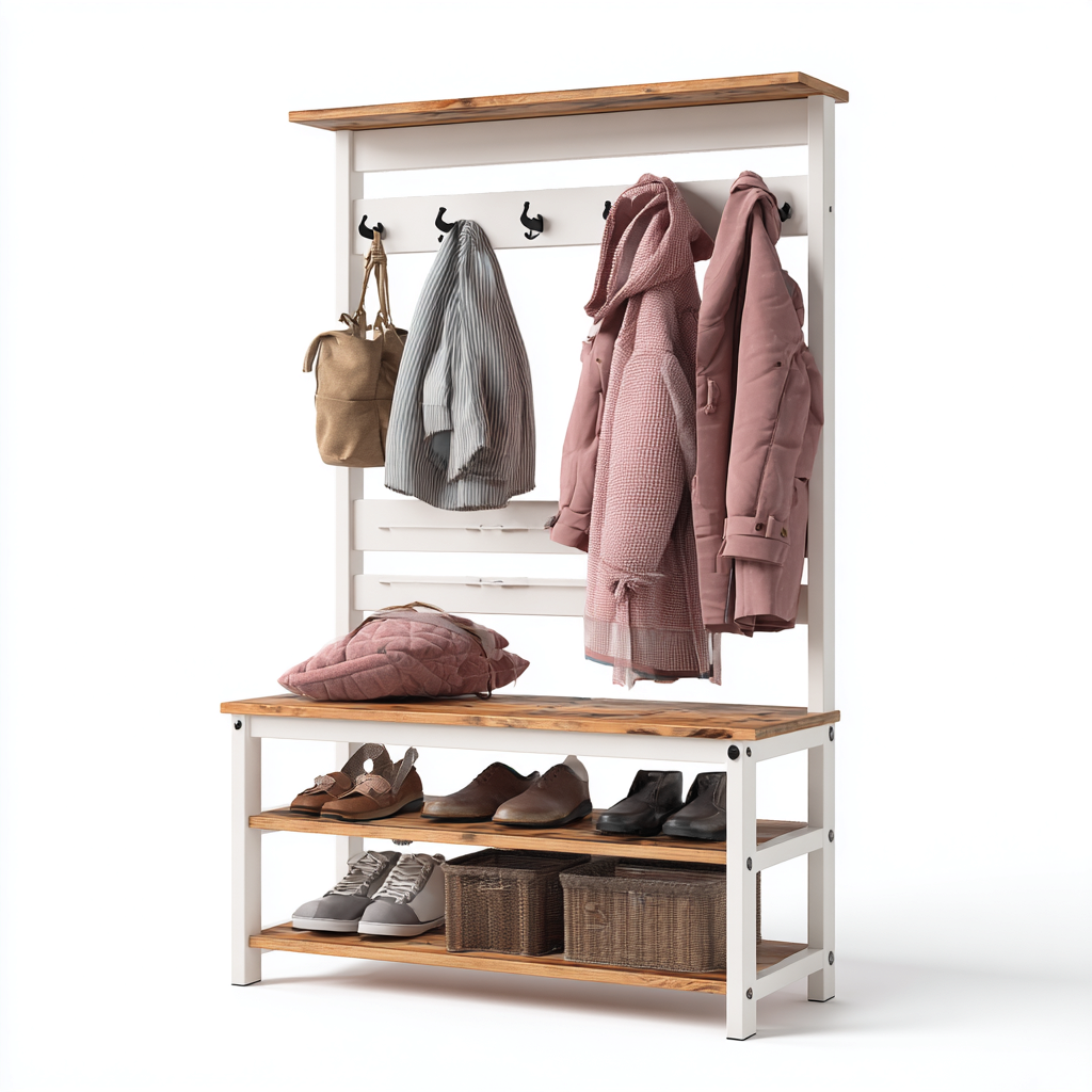 Attaccapanni con panca in legno e metallo 90x40x180 cm - bianco - design rustico - con doppio ripiano portascarpe e mensola superiore-Designene