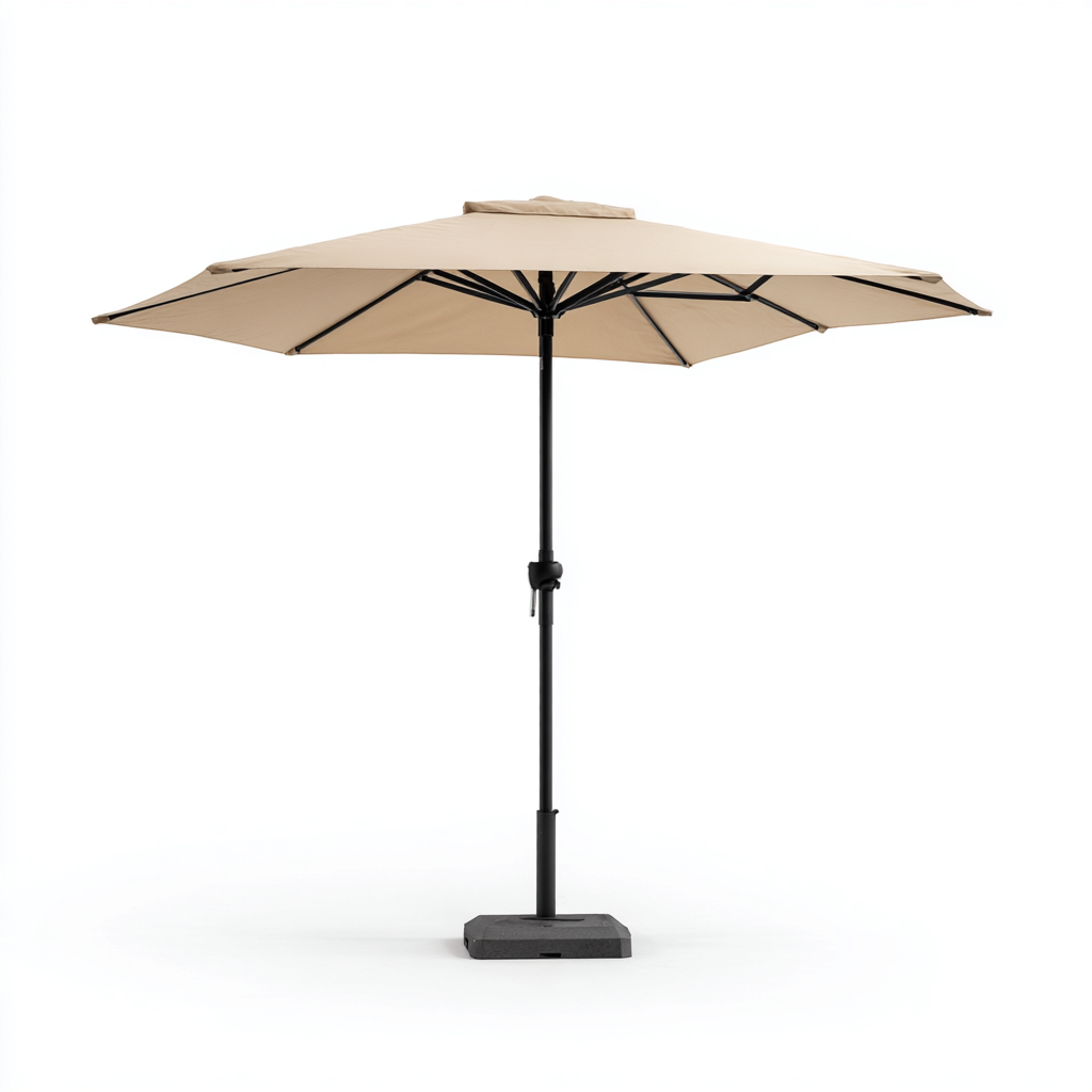 Ombrellone da giardino in poliestere 300x300x260 cm - beige-nero - design rotondo con palo centrale in acciaio e base quadrata-Designene