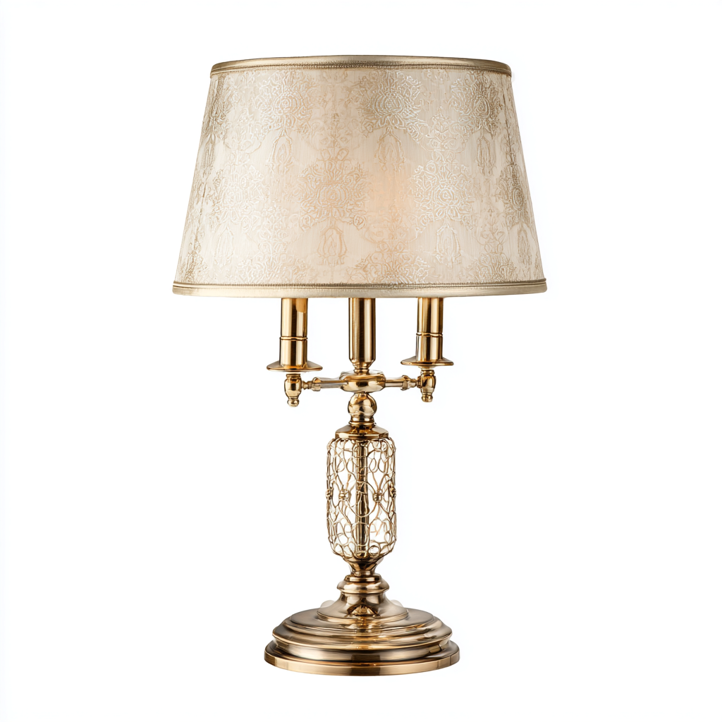 Lampada da tavolo in ottone con paralume in tessuto damascato 32x32x58 cm - oro-beige - design classico elegante-Designene