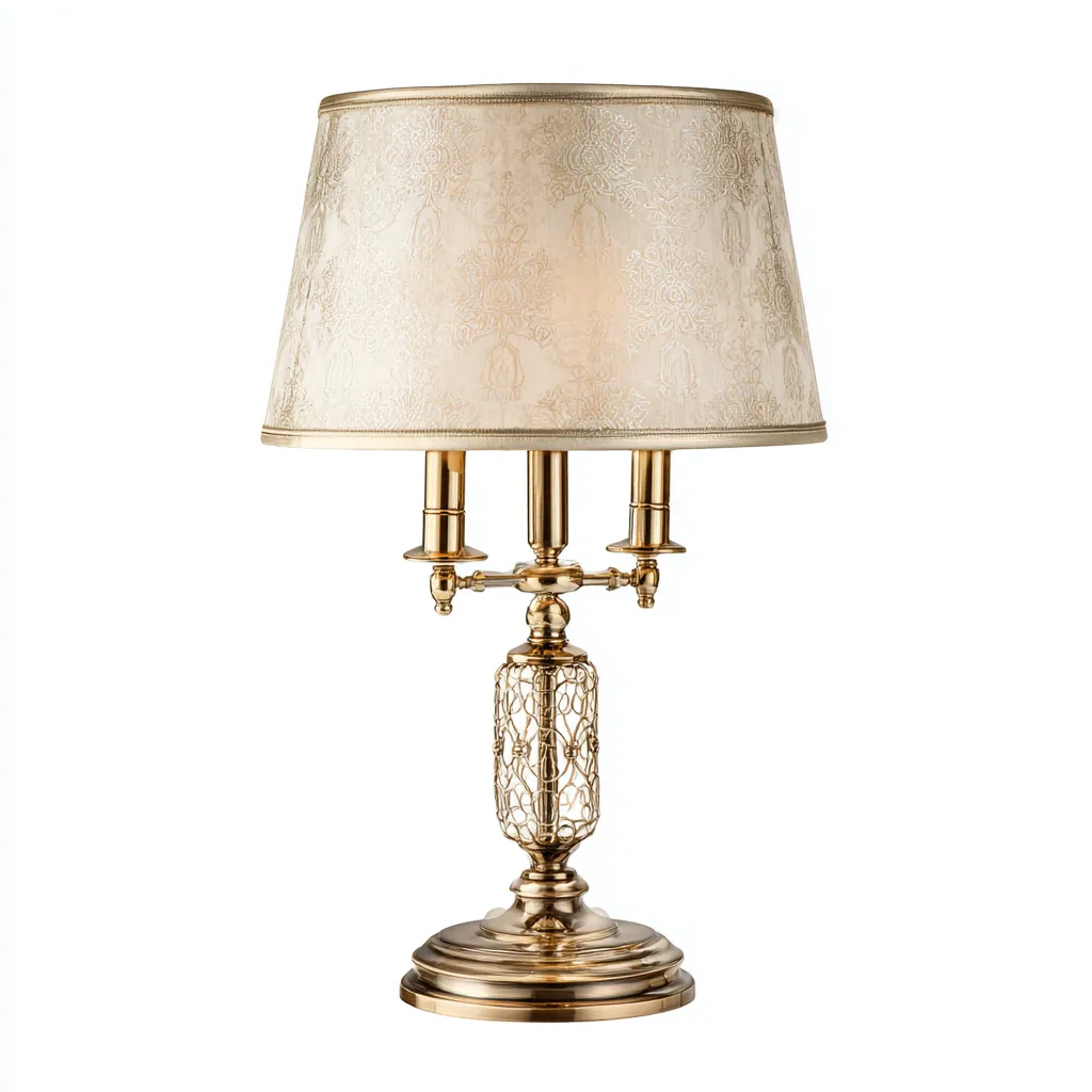 Lampada da tavolo in ottone con paralume in tessuto damascato 32x32x58 cm - oro-beige - design classico elegante-Designene