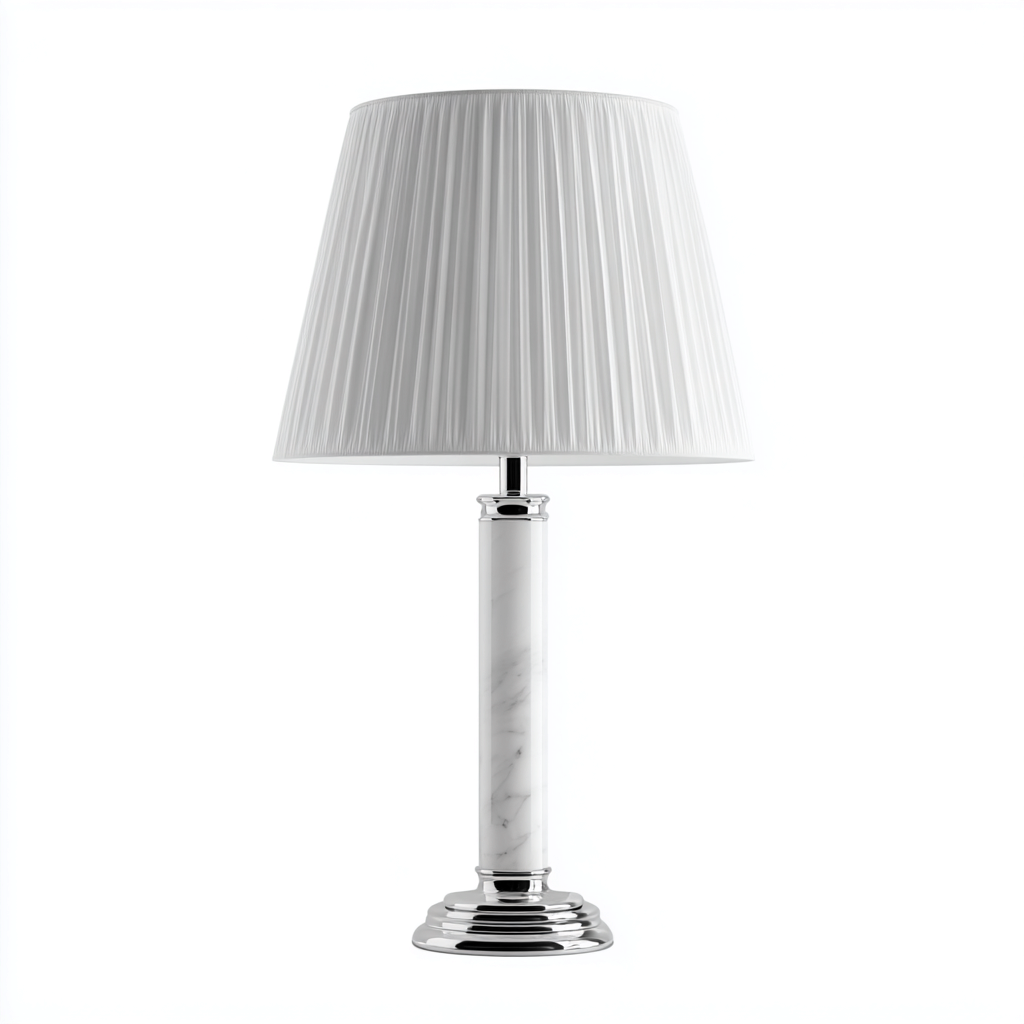 Lampada da tavolo in marmo bianco con base cromata e paralume plissettato 25x25x50 cm - bianco - design contemporaneo-Designene