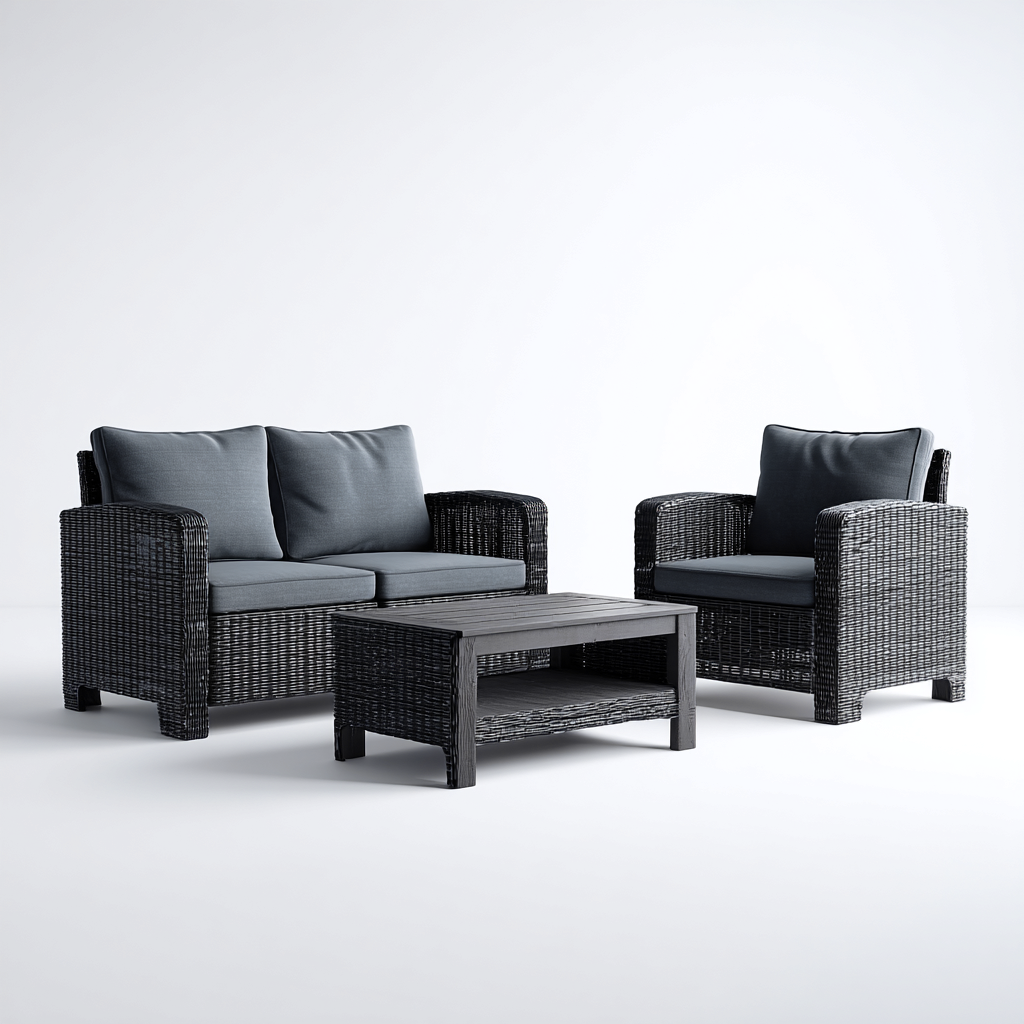 Divano da esterno in rattan sintetico con cuscini in tessuto e tavolino 160x80x75 cm - nero-grigio - design moderno e compatto-Designene