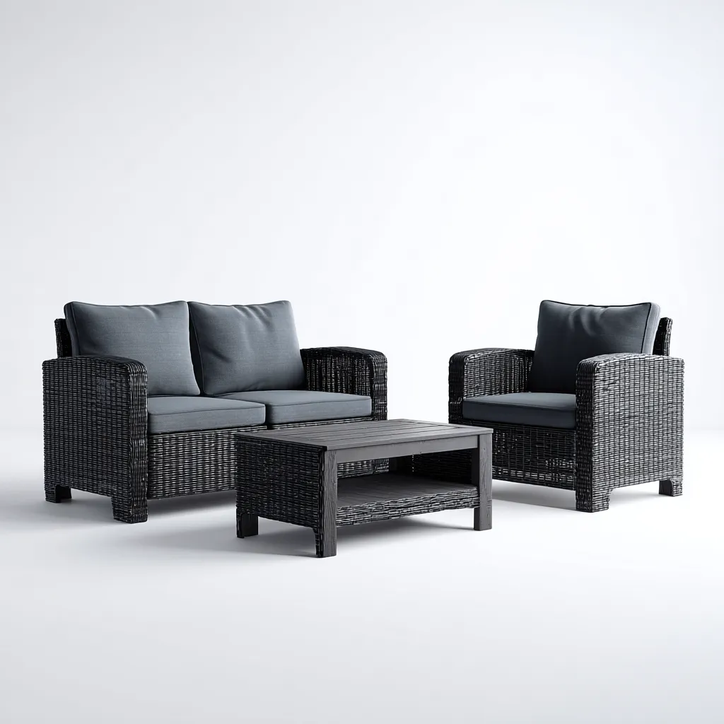 Divano da esterno in rattan sintetico con cuscini in tessuto e tavolino 160x80x75 cm - nero-grigio - design moderno e compatto-Designene