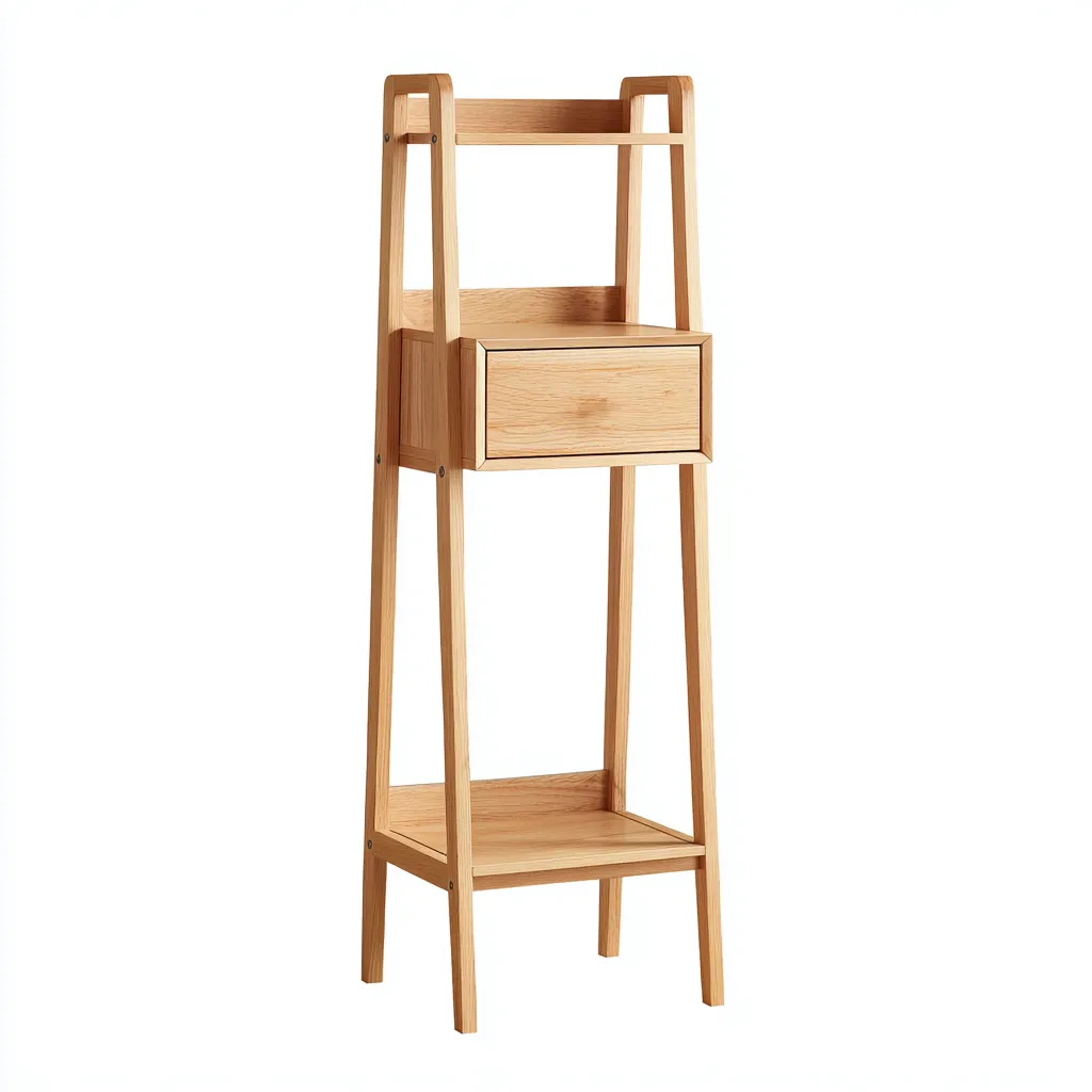 Attaccapanni da terra in legno 45x35x130 cm - legno naturale - design minimalista - con cassetto e ripiano inferiore-Designene