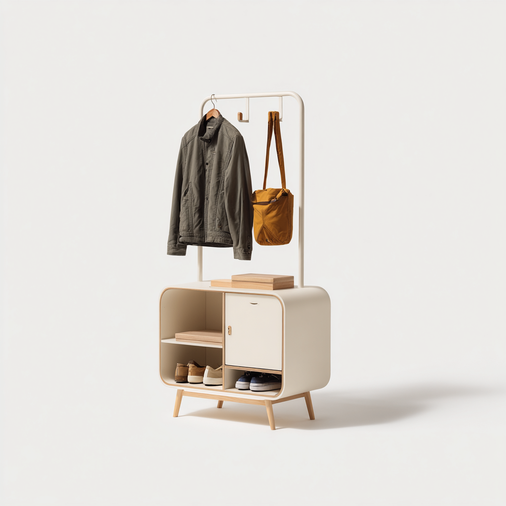Attaccapanni con mobiletto e appendiabiti in metallo e legno 90x40x170 cm - bianco e legno chiaro - design moderno - con vano chiuso e tre ripiani aperti-Designene