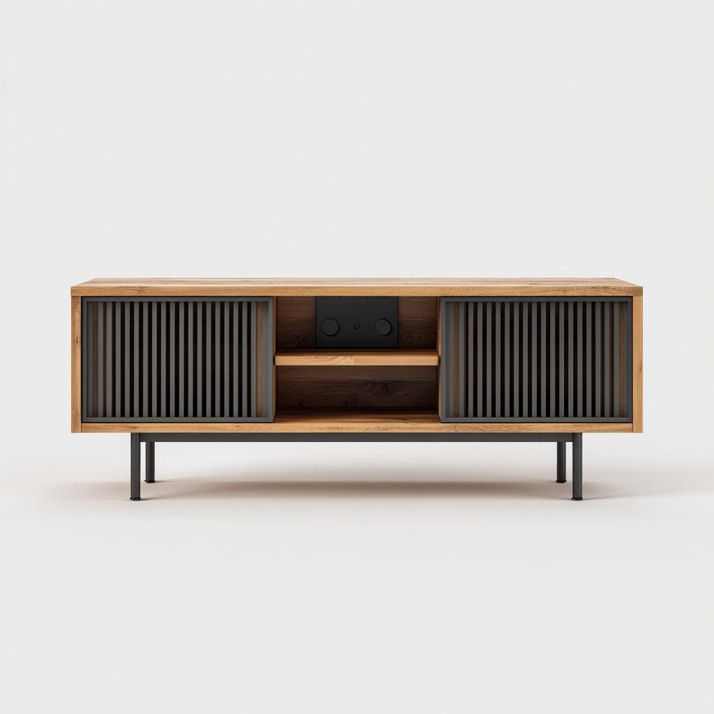 Mobile TV in legno e metallo 150x42x55 cm - Legno chiaro-Nero - Design moderno con ante a doghe e vani aperti-Designene