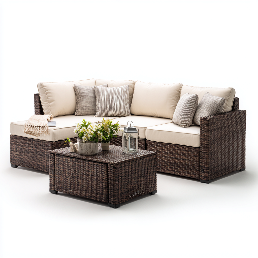 Divano da esterno angolare in rattan sintetico con cuscini in tessuto 200x140x70 cm - marrone-beige - design moderno per giardino e terrazza-Designene